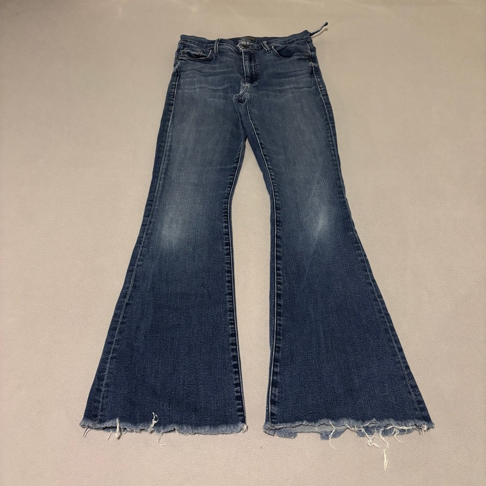 MOTHER The Weekender Fray Mid Rise Flare Jeans Mint Condition Blue Size 26